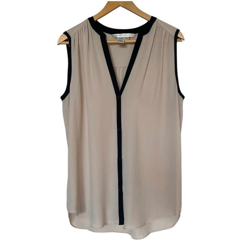 Max Studio Top Womens L 3705C30 Tan Black Sleeveless Button Front EUC